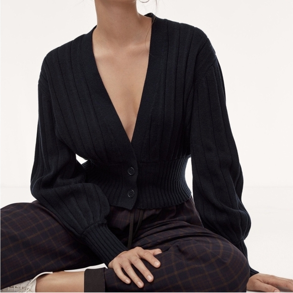 WILFRED Plunge Front Thais Cardigan Sweater Black Merino Wool Aritzia XS - Picture 1 of 11